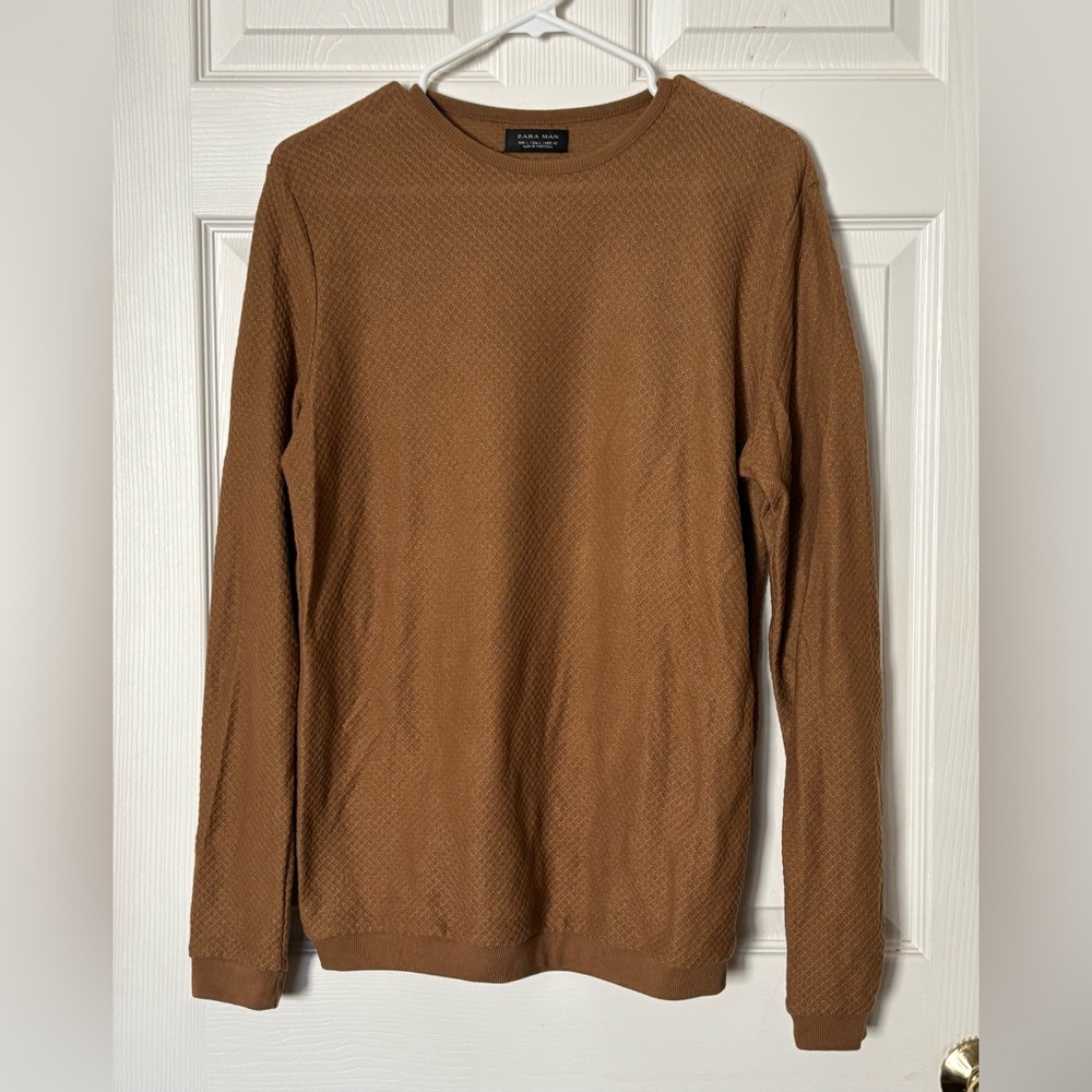 Zara Lightweight Textured Sweater Cognac Spice Brown Long Sleeve Crewneck Large